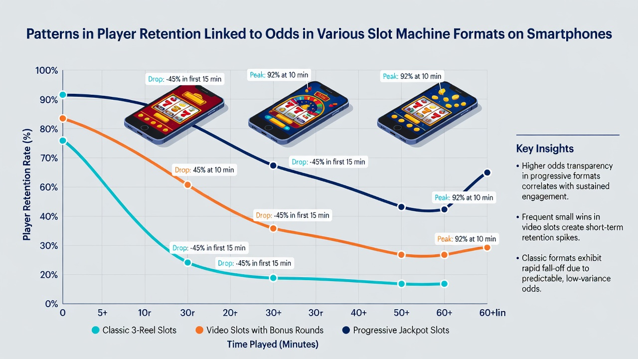 Analytics dashboard displaying player retention metrics for different smartphone slot formats