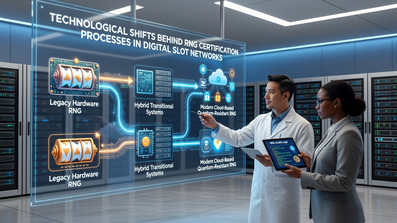 Illustration of AI and blockchain integration in modern RNG certification workflows for online slot platforms